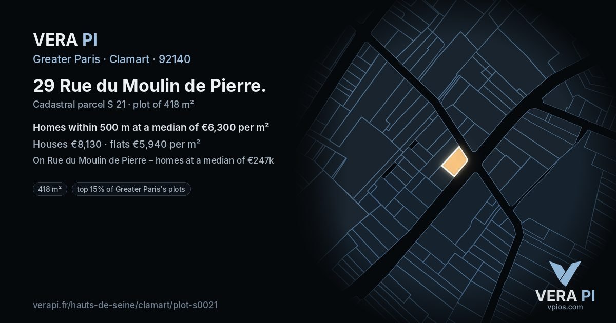 29 Rue du Moulin de Pierre, Clamart at night – the plot lit, the parcels around coloured by the prices near them