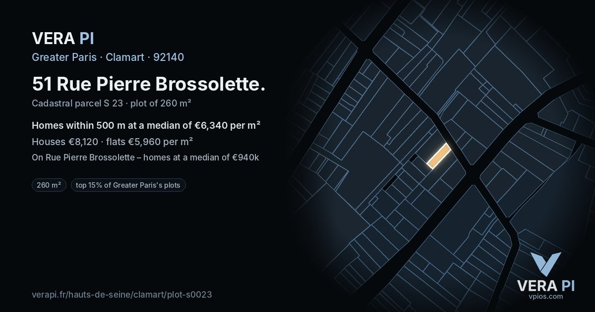 51 Rue Pierre Brossolette, Clamart at night – the plot lit, the parcels around coloured by the prices near them