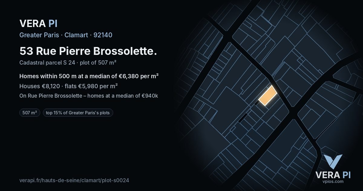 53 Rue Pierre Brossolette, Clamart at night – the plot lit, the parcels around coloured by the prices near them