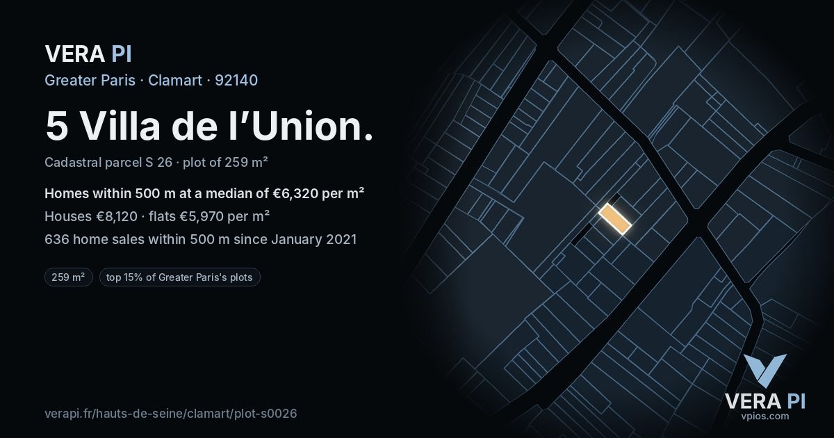 5 Villa de l’Union, Clamart at night – the plot lit, the parcels around coloured by the prices near them