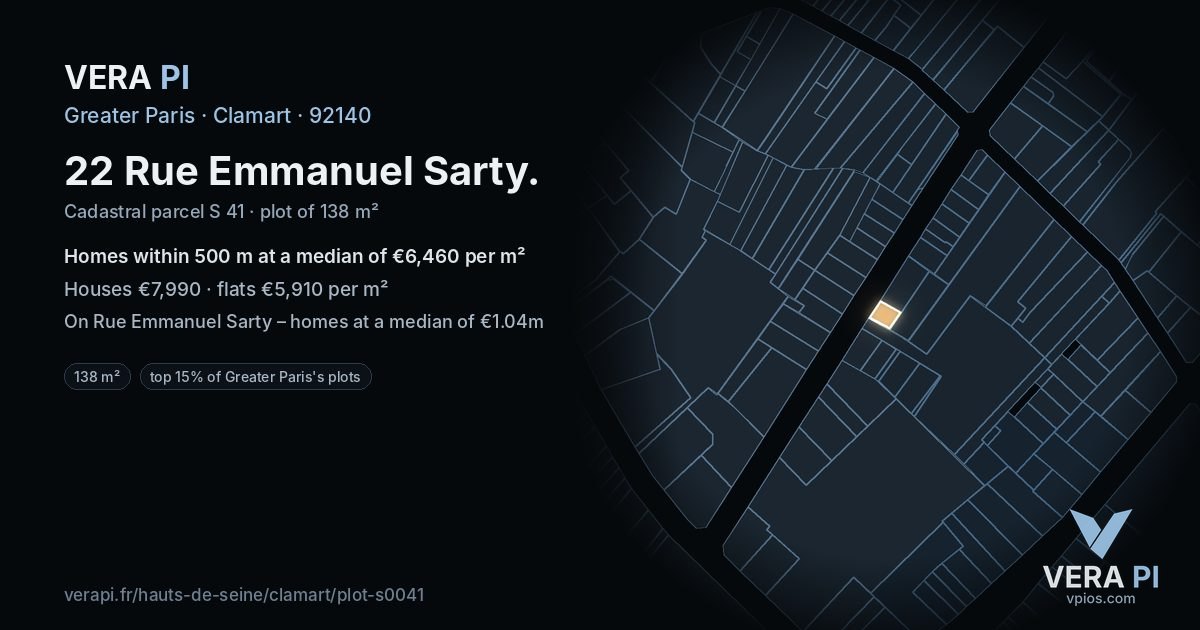 22 Rue Emmanuel Sarty, Clamart at night – the plot lit, the parcels around coloured by the prices near them