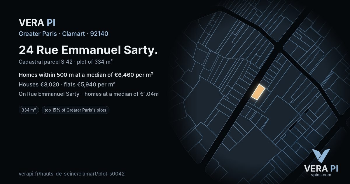 24 Rue Emmanuel Sarty, Clamart at night – the plot lit, the parcels around coloured by the prices near them