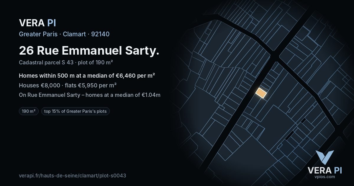 26 Rue Emmanuel Sarty, Clamart at night – the plot lit, the parcels around coloured by the prices near them