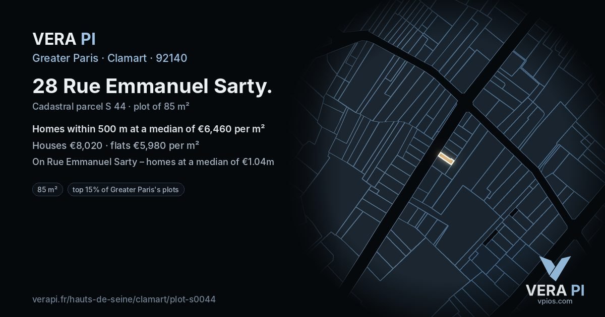 28 Rue Emmanuel Sarty, Clamart at night – the plot lit, the parcels around coloured by the prices near them