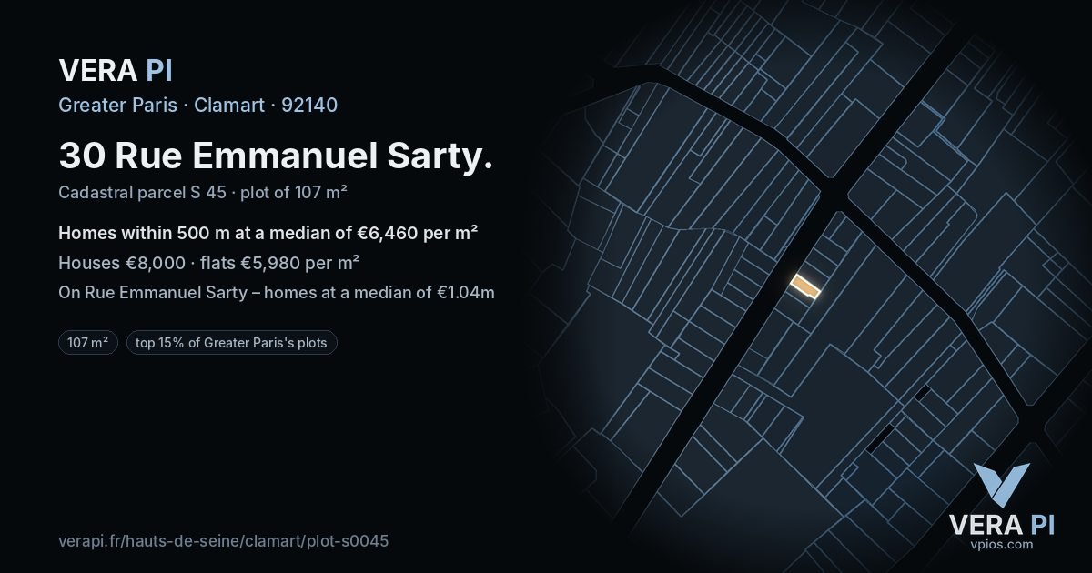 30 Rue Emmanuel Sarty, Clamart at night – the plot lit, the parcels around coloured by the prices near them