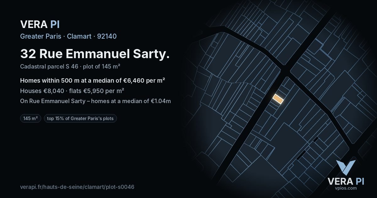 32 Rue Emmanuel Sarty, Clamart at night – the plot lit, the parcels around coloured by the prices near them