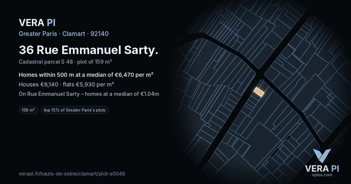 36 Rue Emmanuel Sarty, Clamart at night – the plot lit, the parcels around coloured by the prices near them