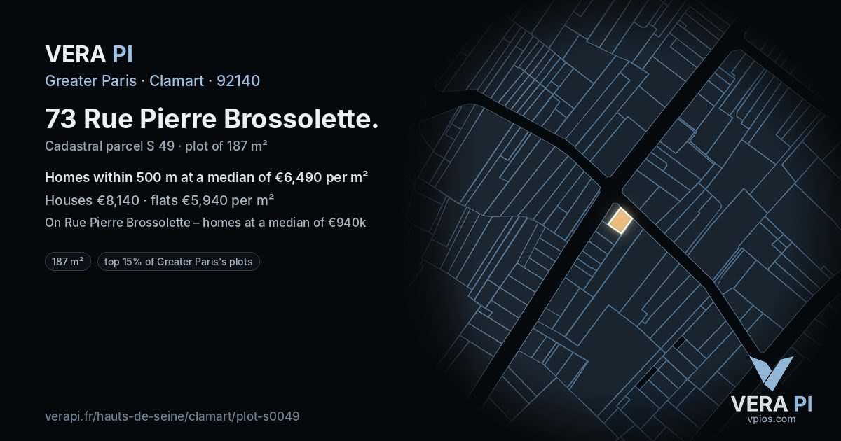 73 Rue Pierre Brossolette, Clamart at night – the plot lit, the parcels around coloured by the prices near them