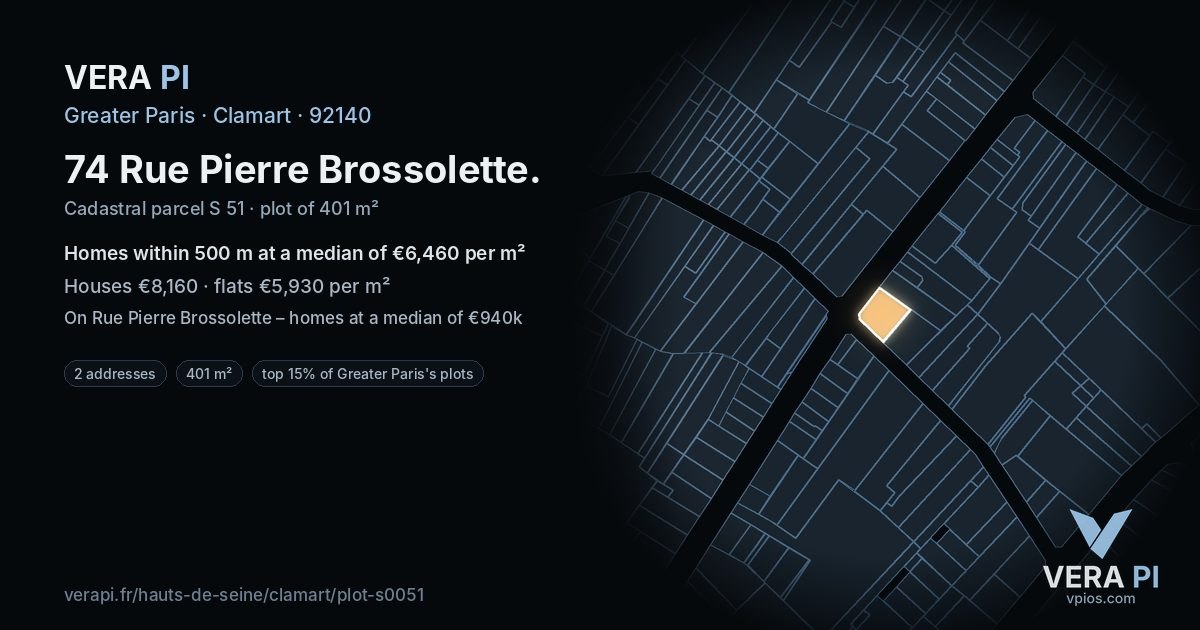 74 Rue Pierre Brossolette, Clamart at night – the plot lit, the parcels around coloured by the prices near them