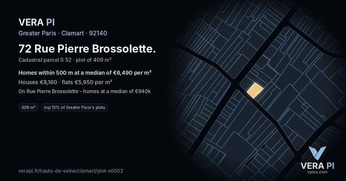 72 Rue Pierre Brossolette, Clamart at night – the plot lit, the parcels around coloured by the prices near them