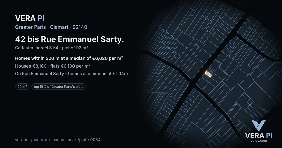 42 bis Rue Emmanuel Sarty, Clamart at night – the plot lit, the parcels around coloured by the prices near them
