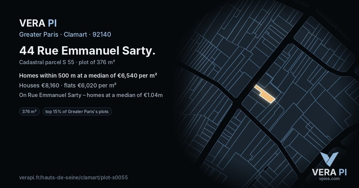 44 Rue Emmanuel Sarty, Clamart at night – the plot lit, the parcels around coloured by the prices near them