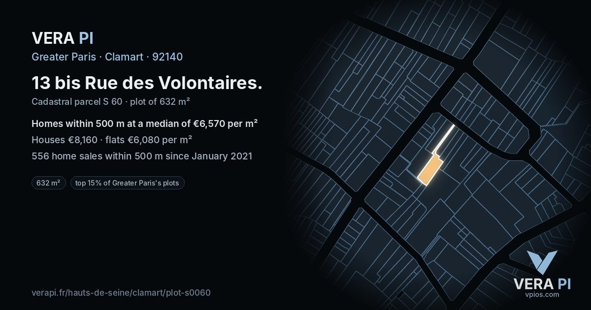 13 bis Rue des Volontaires, Clamart at night – the plot lit, the parcels around coloured by the prices near them