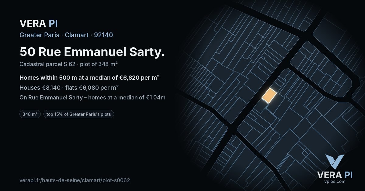 50 Rue Emmanuel Sarty, Clamart at night – the plot lit, the parcels around coloured by the prices near them