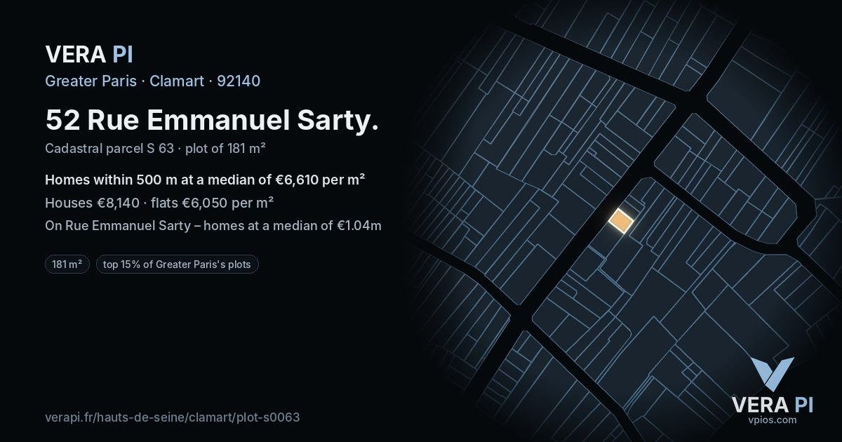 52 Rue Emmanuel Sarty, Clamart at night – the plot lit, the parcels around coloured by the prices near them