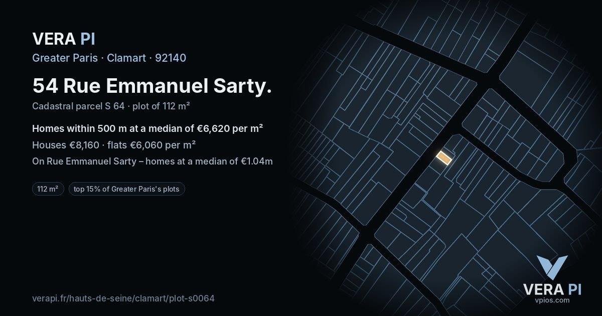 54 Rue Emmanuel Sarty, Clamart at night – the plot lit, the parcels around coloured by the prices near them