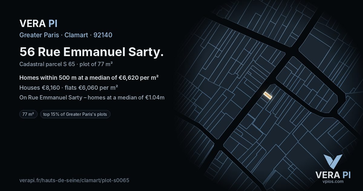 56 Rue Emmanuel Sarty, Clamart at night – the plot lit, the parcels around coloured by the prices near them