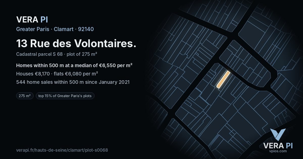 13 Rue des Volontaires, Clamart at night – the plot lit, the parcels around coloured by the prices near them