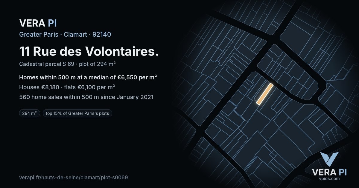 11 Rue des Volontaires, Clamart at night – the plot lit, the parcels around coloured by the prices near them