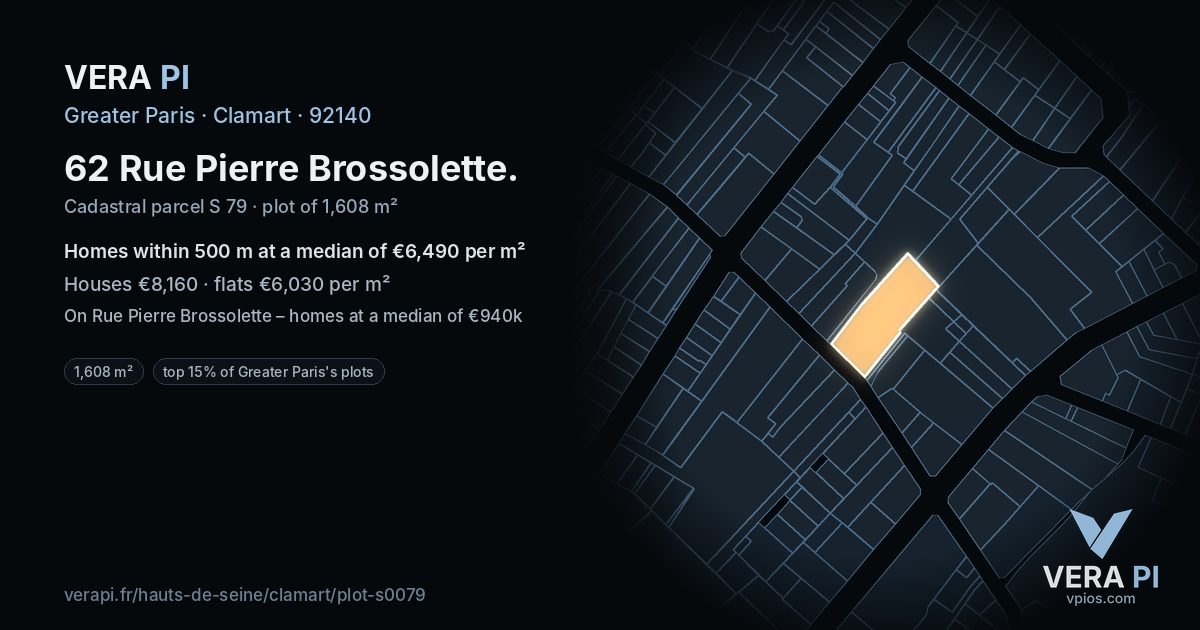 62 Rue Pierre Brossolette, Clamart at night – the plot lit, the parcels around coloured by the prices near them