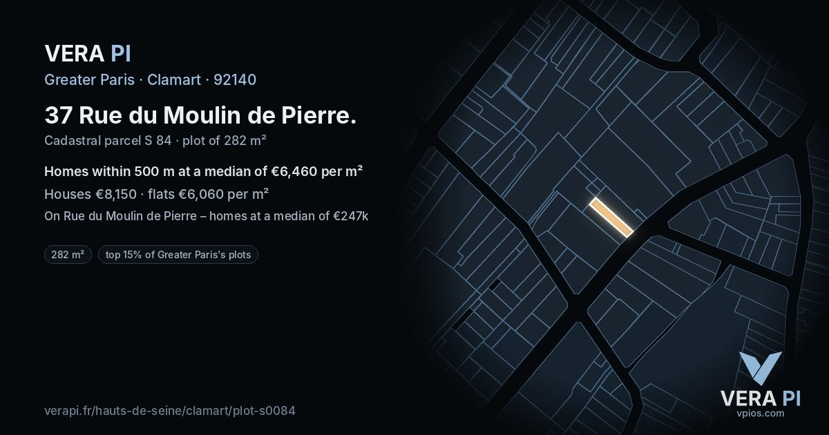 37 Rue du Moulin de Pierre, Clamart at night – the plot lit, the parcels around coloured by the prices near them