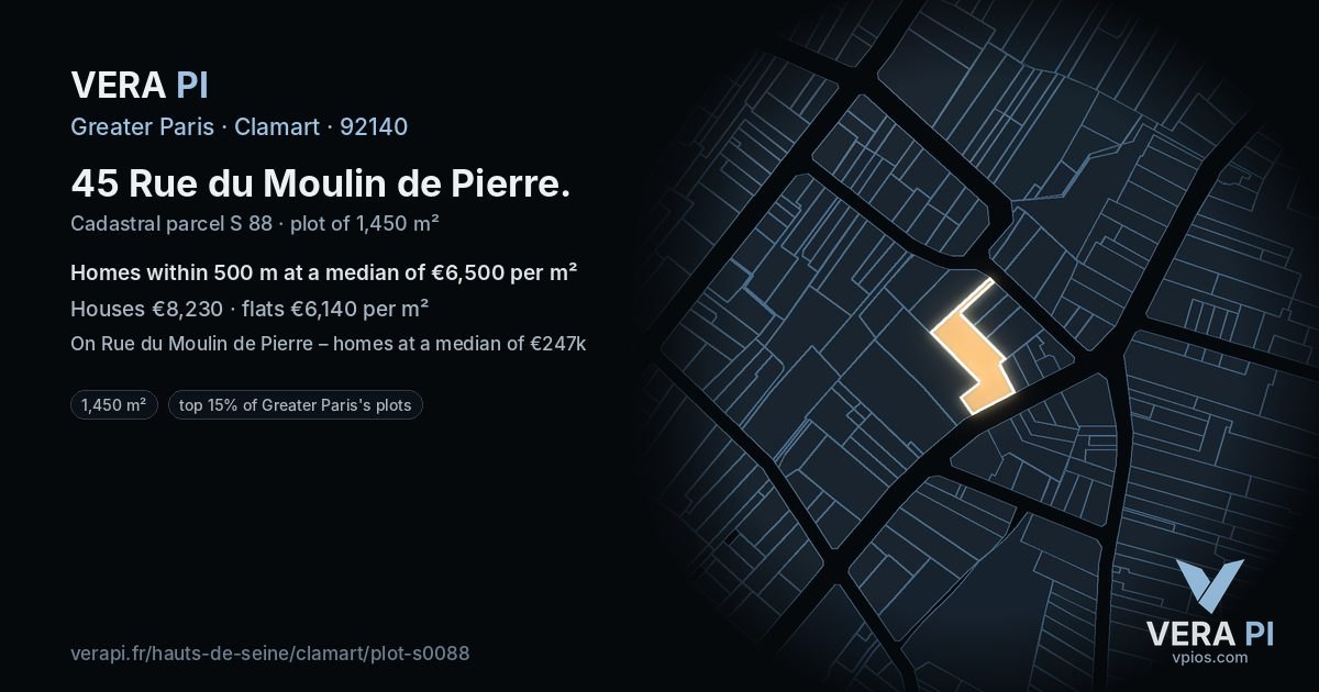45 Rue du Moulin de Pierre, Clamart at night – the plot lit, the parcels around coloured by the prices near them