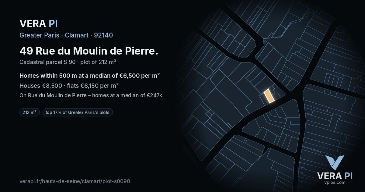 49 Rue du Moulin de Pierre, Clamart at night – the plot lit, the parcels around coloured by the prices near them