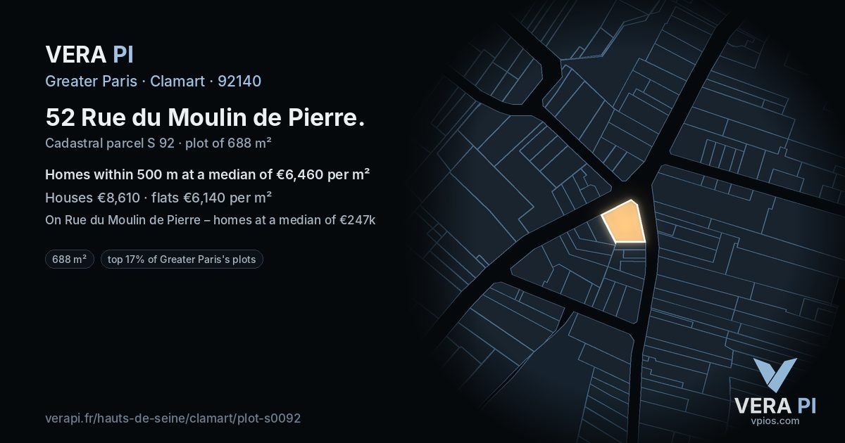 52 Rue du Moulin de Pierre, Clamart at night – the plot lit, the parcels around coloured by the prices near them