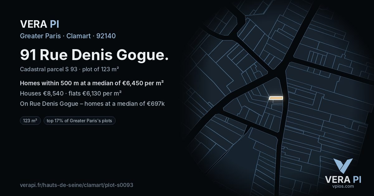 91 Rue Denis Gogue, Clamart at night – the plot lit, the parcels around coloured by the prices near them