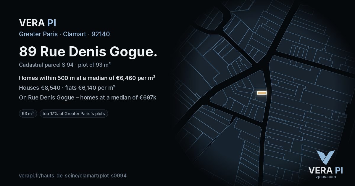 89 Rue Denis Gogue, Clamart at night – the plot lit, the parcels around coloured by the prices near them