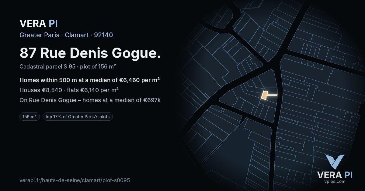 87 Rue Denis Gogue, Clamart at night – the plot lit, the parcels around coloured by the prices near them