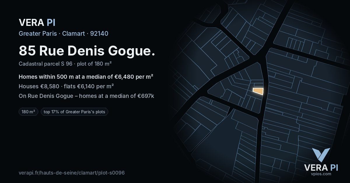 85 Rue Denis Gogue, Clamart at night – the plot lit, the parcels around coloured by the prices near them