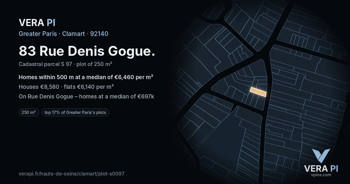 83 Rue Denis Gogue, Clamart at night – the plot lit, the parcels around coloured by the prices near them