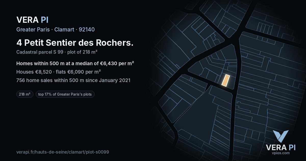 4 Petit Sentier des Rochers, Clamart at night – the plot lit, the parcels around coloured by the prices near them