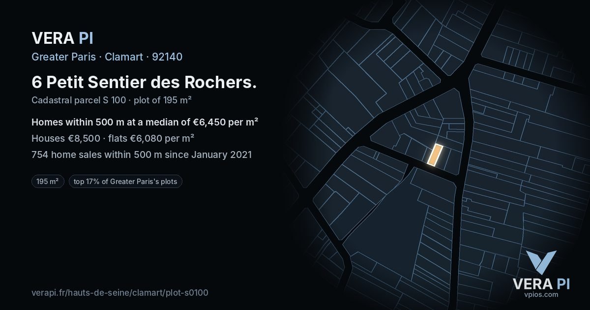 6 Petit Sentier des Rochers, Clamart at night – the plot lit, the parcels around coloured by the prices near them