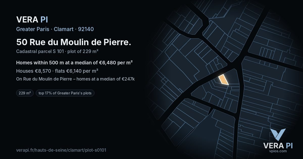 50 Rue du Moulin de Pierre, Clamart at night – the plot lit, the parcels around coloured by the prices near them