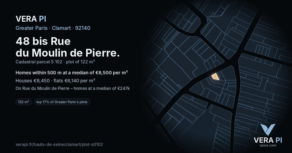48 bis Rue du Moulin de Pierre, Clamart at night – the plot lit, the parcels around coloured by the prices near them
