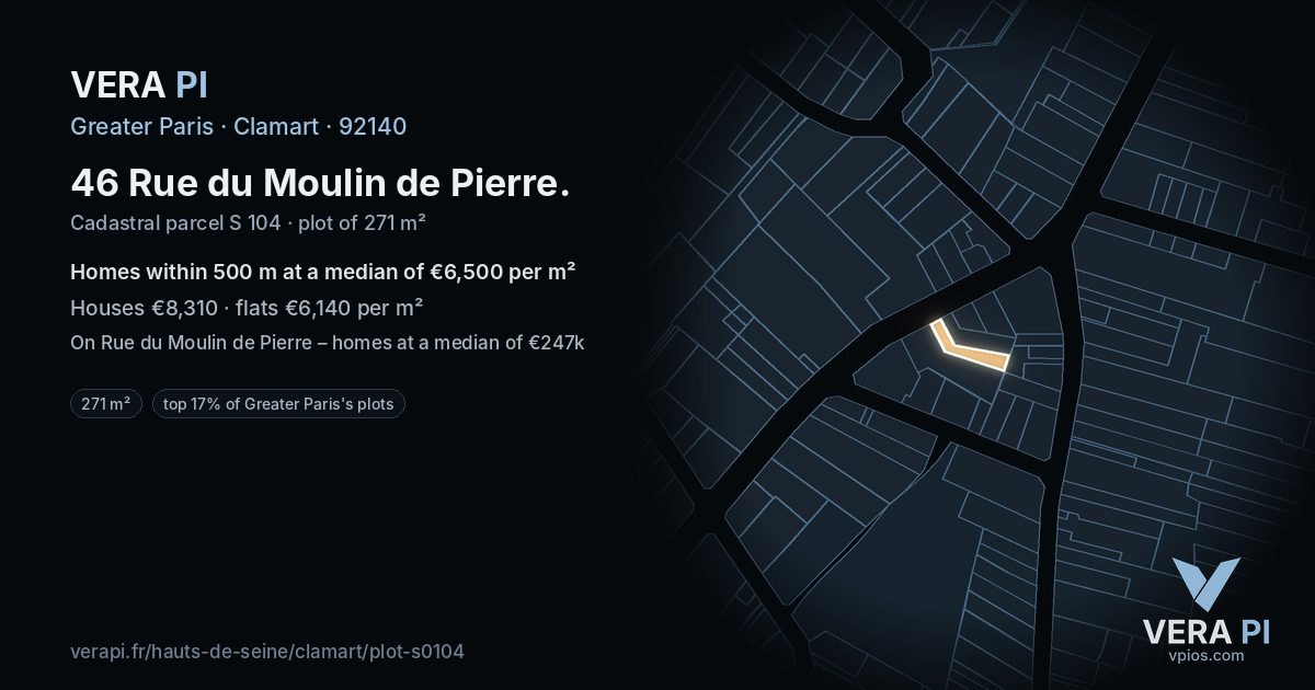 46 Rue du Moulin de Pierre, Clamart at night – the plot lit, the parcels around coloured by the prices near them