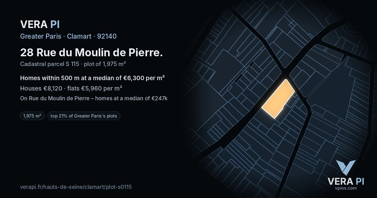 28 Rue du Moulin de Pierre, Clamart at night – the plot lit, the parcels around coloured by the prices near them