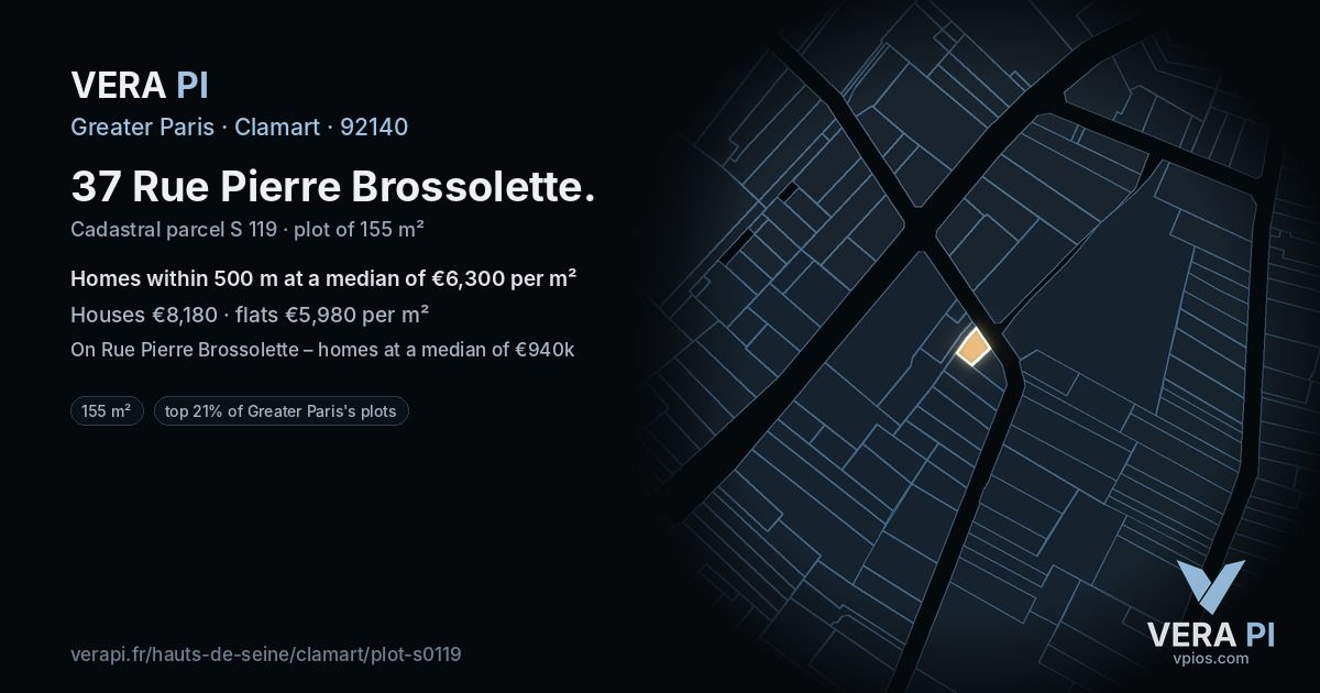 37 Rue Pierre Brossolette, Clamart at night – the plot lit, the parcels around coloured by the prices near them
