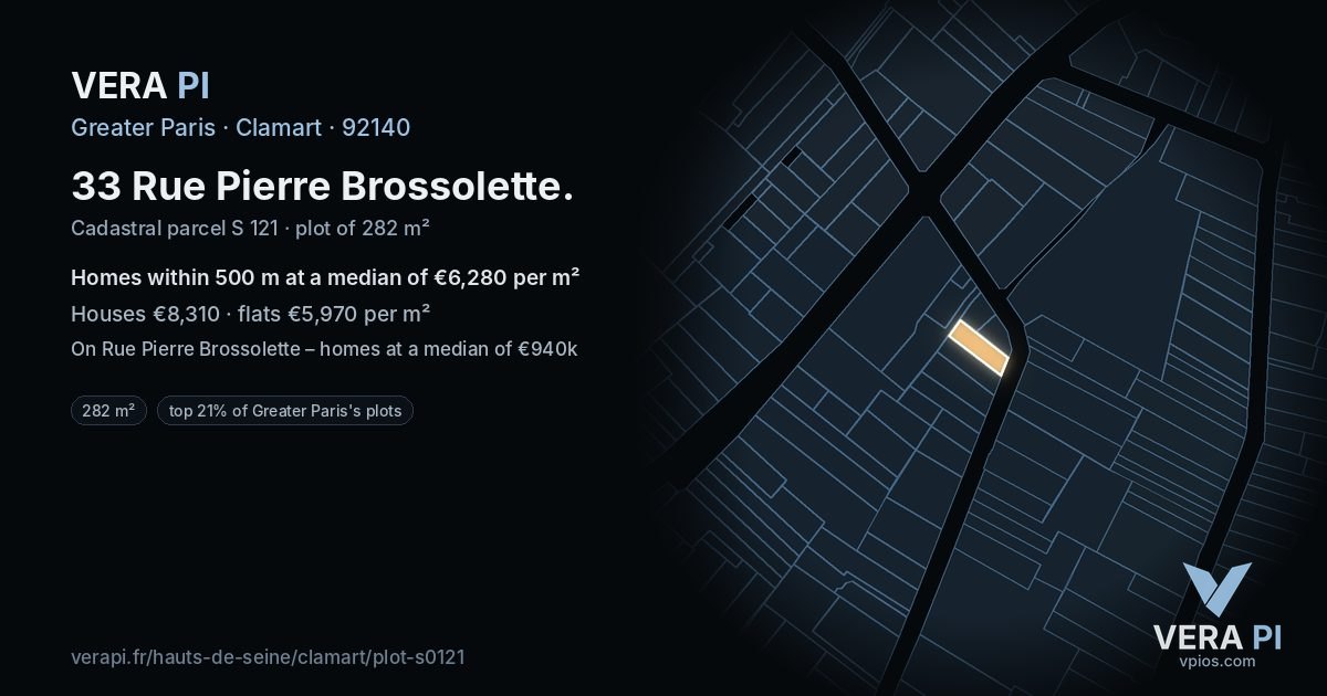 33 Rue Pierre Brossolette, Clamart at night – the plot lit, the parcels around coloured by the prices near them