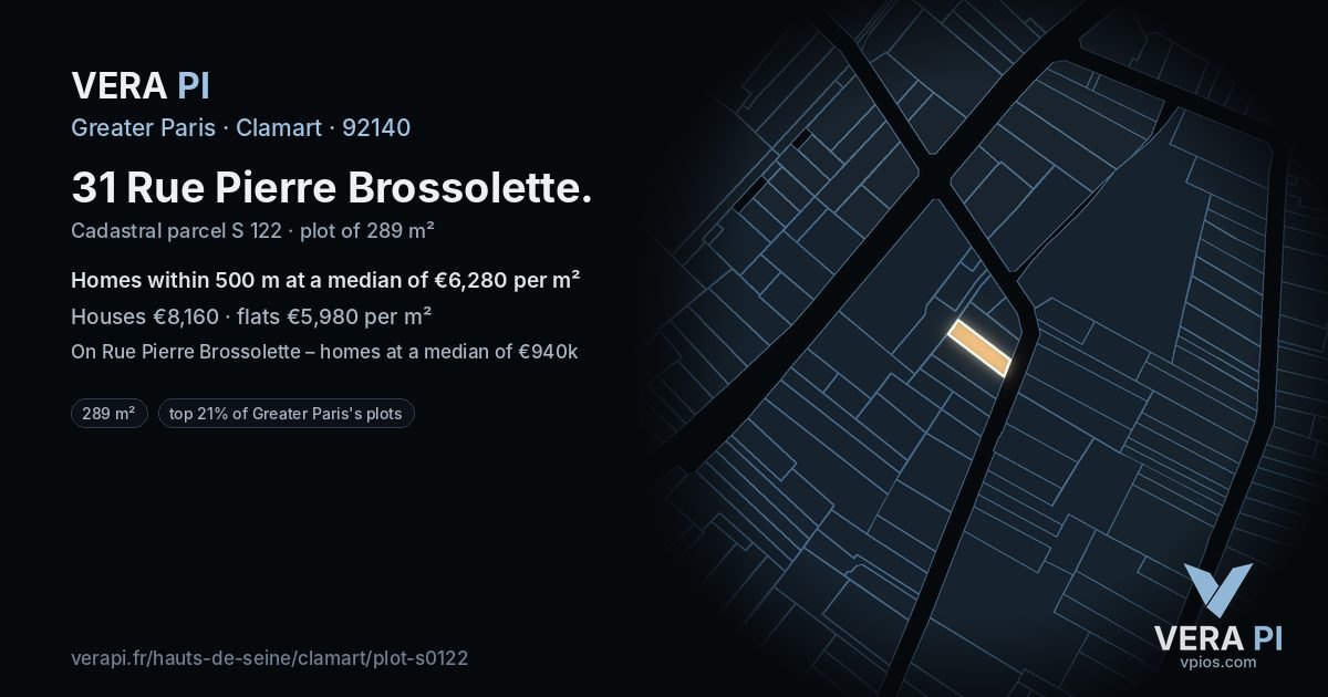 31 Rue Pierre Brossolette, Clamart at night – the plot lit, the parcels around coloured by the prices near them