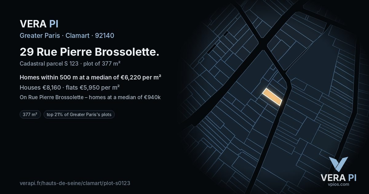 29 Rue Pierre Brossolette, Clamart at night – the plot lit, the parcels around coloured by the prices near them