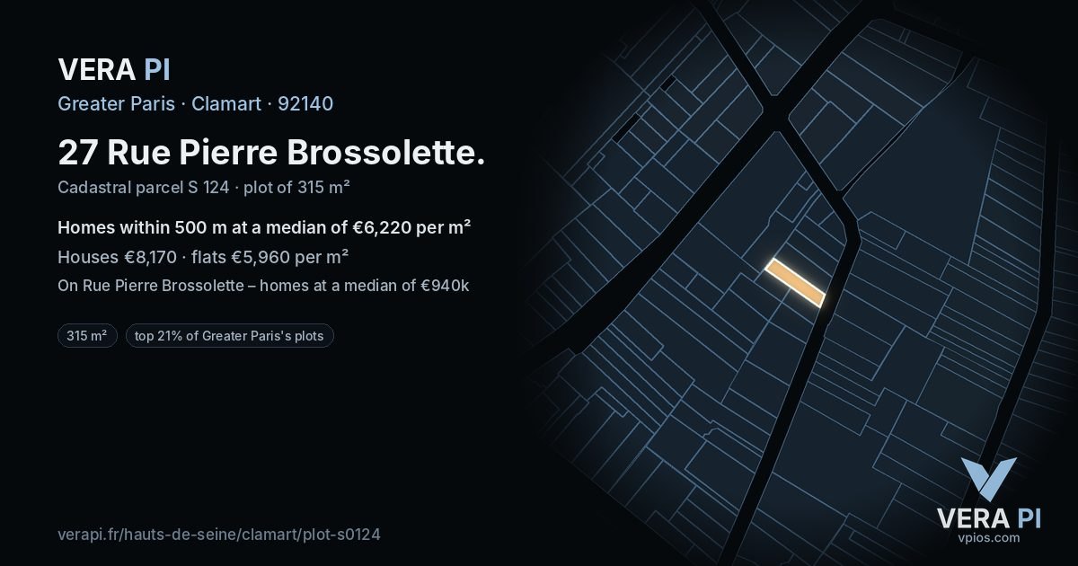 27 Rue Pierre Brossolette, Clamart at night – the plot lit, the parcels around coloured by the prices near them