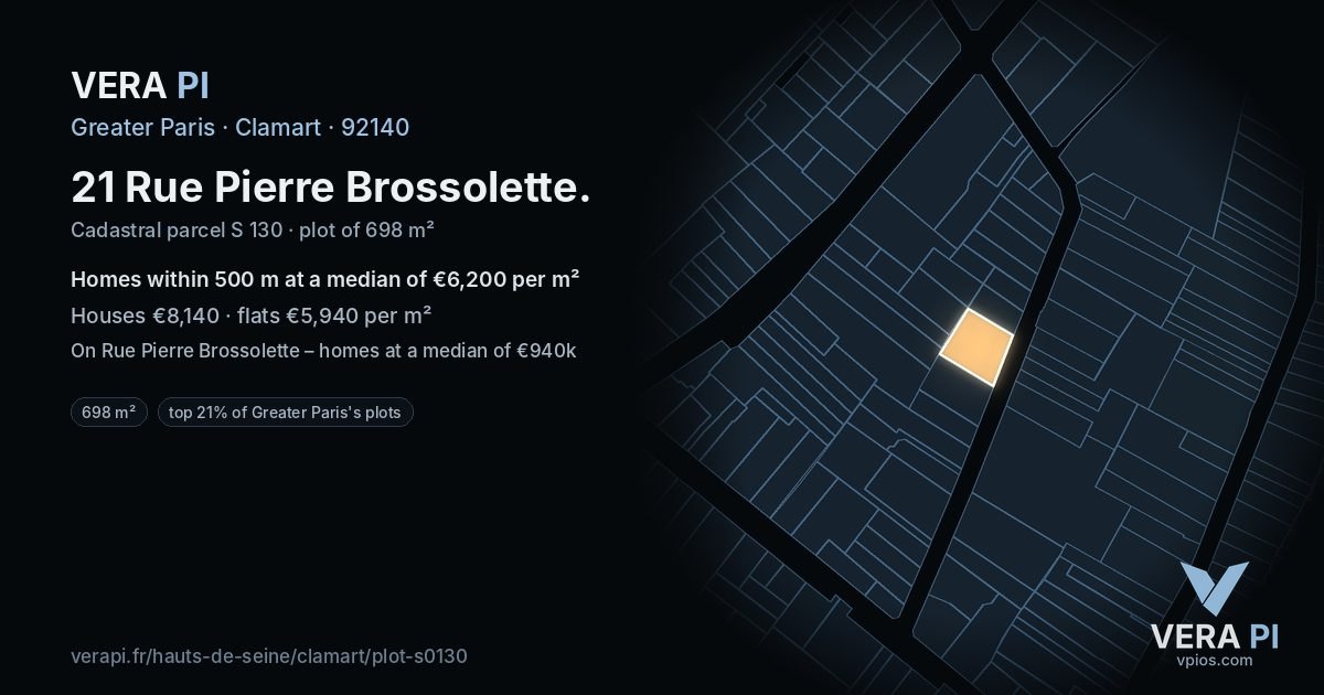 21 Rue Pierre Brossolette, Clamart at night – the plot lit, the parcels around coloured by the prices near them