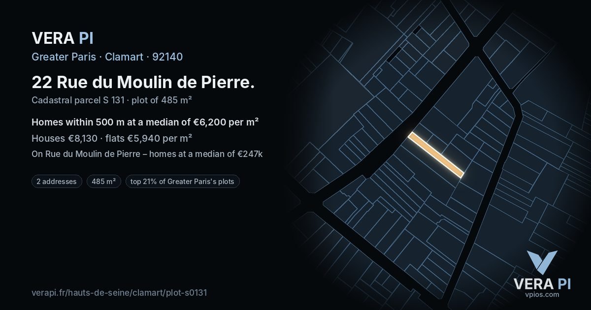 22 Rue du Moulin de Pierre, Clamart at night – the plot lit, the parcels around coloured by the prices near them