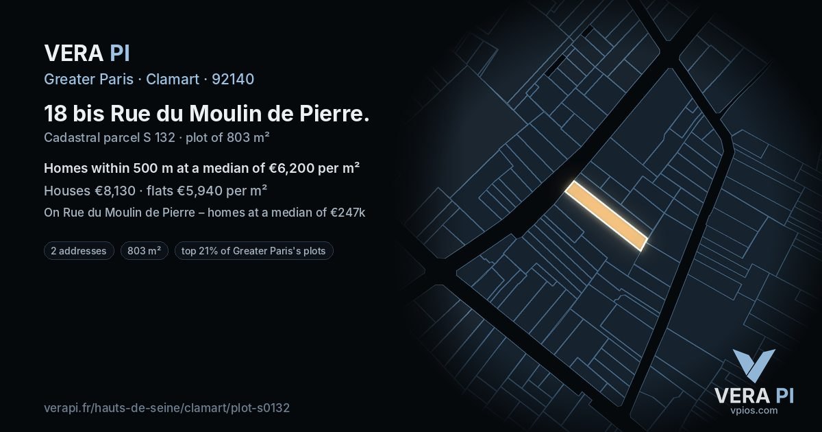18 bis Rue du Moulin de Pierre, Clamart at night – the plot lit, the parcels around coloured by the prices near them