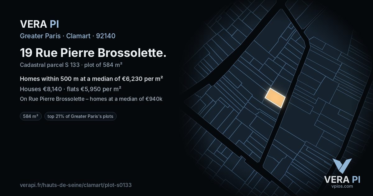 19 Rue Pierre Brossolette, Clamart at night – the plot lit, the parcels around coloured by the prices near them