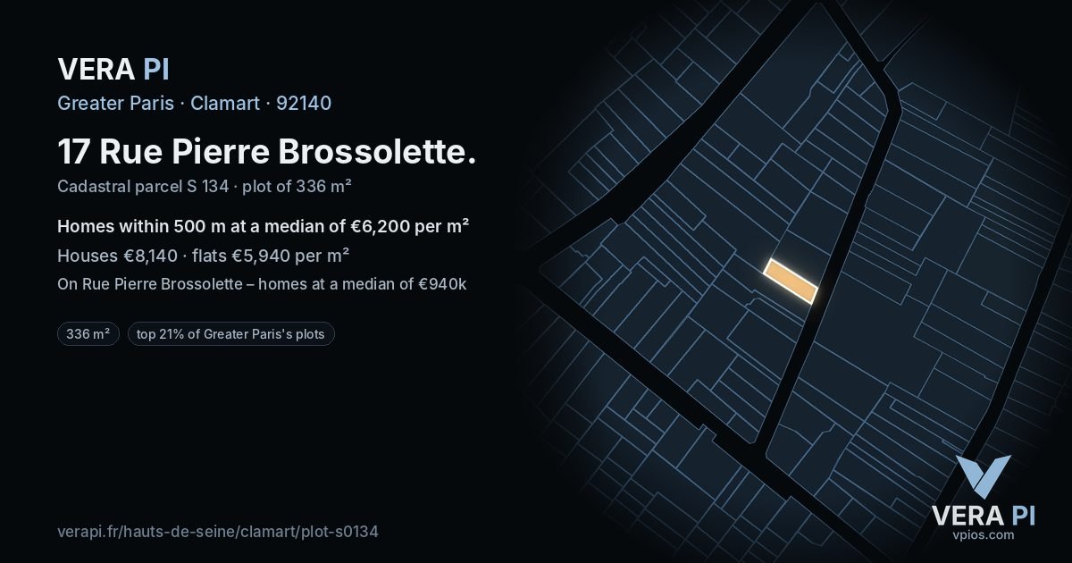 17 Rue Pierre Brossolette, Clamart at night – the plot lit, the parcels around coloured by the prices near them
