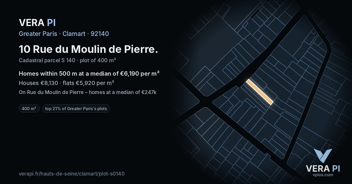 10 Rue du Moulin de Pierre, Clamart at night – the plot lit, the parcels around coloured by the prices near them